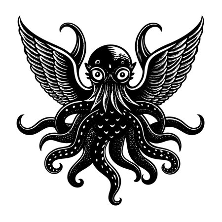 Mysterious winged octopus creature with intricate details in black and white designの写真素材