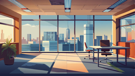Modern office interior with a view of the city skyline during sunset, showcasing urban architecture and natural light Generative AIのイラスト素材