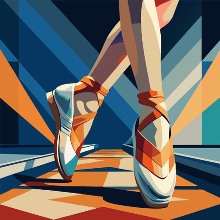 Bright and stylish ballet shoes showcase dynamic movement along a colorful, geometric pathway in a vibrant urban setting Generative AIのイラスト素材