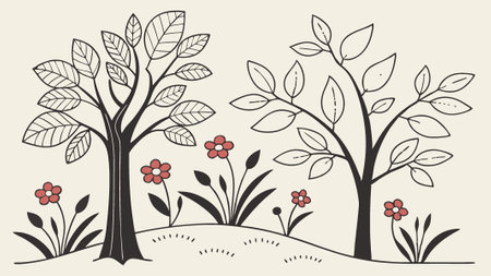 Artistic depiction of trees and flowers on a hillside showcasing natures beauty in a simplistic style Generative AIのイラスト素材