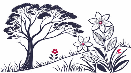 Botanical illustration featuring a tree and flowers in a serene outdoor setting Generative AIのイラスト素材