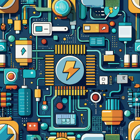Colorful abstract circuit board layout featuring intricate patterns and components in a digital design Generative AIのイラスト素材