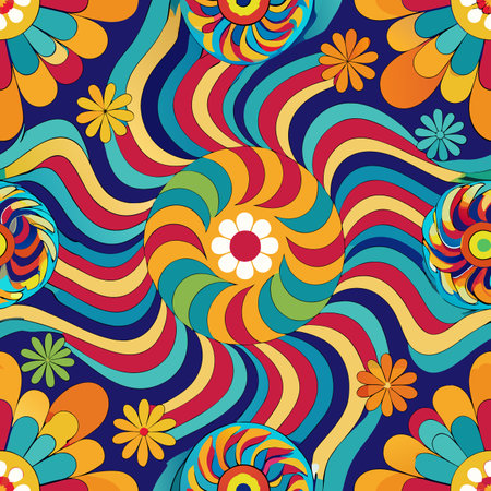 Colorful abstract pattern with swirling shapes and floral designs on a dark background Generative AIのイラスト素材