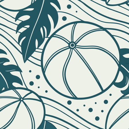 Colorful beach ball pattern with tropical leaves on a light background, ideal for summer decor or beach-themed designs Generative AIのイラスト素材