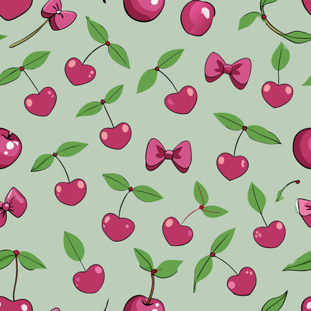 Fun cherry and bow patterned fabric design with vibrant colors and playful elements showcasing a lively aesthetic Generative AIのイラスト素材