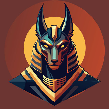 Depiction of an ancient Egyptian deity with a canine head and ornate headdress against a vibrant, warm background Generative AIのイラスト素材