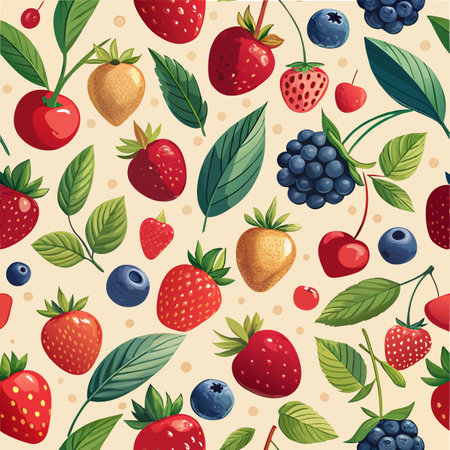 A varied collection of ripe fruits including strawberries, blueberries, cherries, and blackberries surrounded by green leaves. The design is cheerful and ideal for seasonal decoration.のイラスト素材