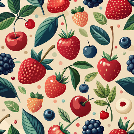 A vibrant array of various fruits including strawberries, cherries, blueberries, and blackberries is displayed against a soft, light-colored backdrop.のイラスト素材