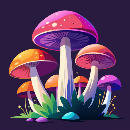 A cluster of brightly colored mushrooms stands tall with pink and orange caps against a dark background. Lush greenery surrounds the base, creating an enchanting atmosphere.のイラスト素材