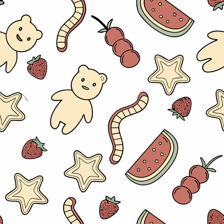 Colorful pattern featuring cartoon candy and fruit illustrations on a white background for fun and playful designs Generative AIのイラスト素材
