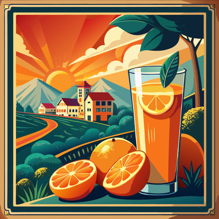 A tall glass of orange juice sits on a table surrounded by fresh oranges, with a stunning sunset lighting up the countryside in the background. The warm hues create a peaceful ambiance.のイラスト素材