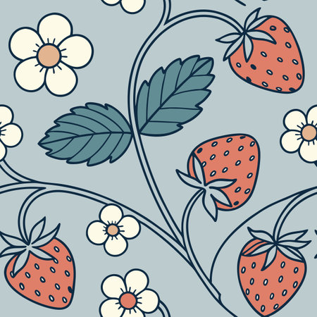 A vibrant pattern displays ripe strawberries and white flowers intertwined on a soft blue background, creating a cheerful and refreshing aesthetic for various design applications.のイラスト素材