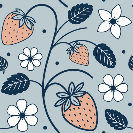 Colorful design featuring strawberries, flowers, and leaves on a light blue background for creative projects and home decor Generative AIのイラスト素材