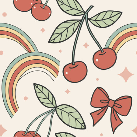 Colorful pattern featuring cherries, rainbows, and bows on a light background for vibrant decoration ideas Generative AIのイラスト素材