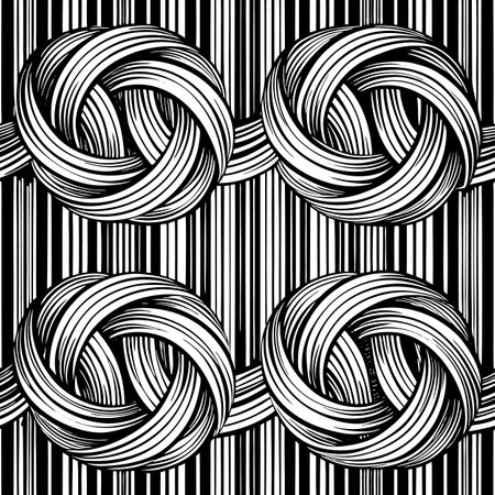 Intricate knots are arranged in a grid pattern, surrounded by bold vertical stripes. The black and white design highlights the complexity of each knot, creating an engaging visual experience.のイラスト素材