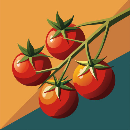 A cluster of five ripe tomatoes hangs from a green vine, showcasing their vibrant red color against an artistic background, creating an eye-catching composition that emphasizes freshness.のイラスト素材