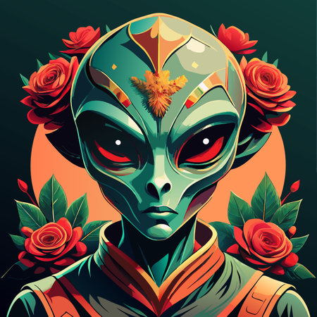 An alien figure stands prominently, featuring large black eyes and a distinctive green skin tone.のイラスト素材