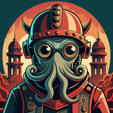 Unique retro astronaut with octopus features and industrial elements, surrounded by stylized towers against a dramatic backdrop Generative AIのイラスト素材