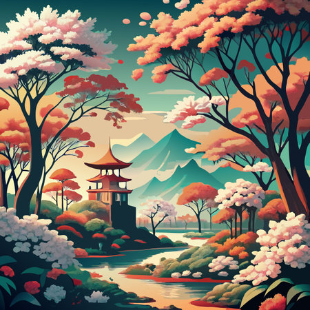 Vibrant landscape of autumn trees surrounding a tranquil pagoda near serene mountains at sunset Generative AIの写真素材