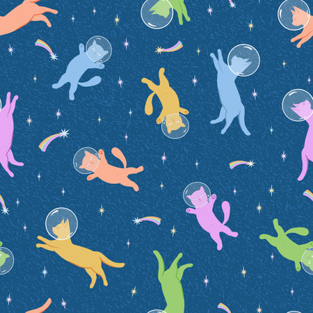 Seamless vector pattern cute yellow pink green cats in starry night space astronaut cats textileのイラスト素材