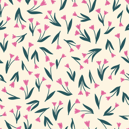 Seamless vector floral pattern cartoon drawn pink flowers on cream white textile packaging tulipのイラスト素材