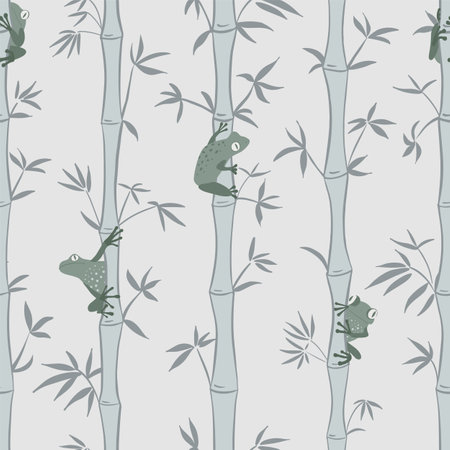 Seamless vector pattern with playful frogs hiding in a bamboo forest, sogr gray colors, japandiのイラスト素材
