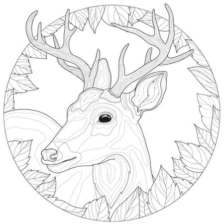 Deer. Leaves around. Coloring book antistress for children and adults. Illustration isolated on white background.Zen-tangle style.のイラスト素材