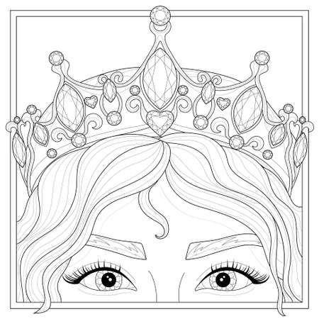 Girl in the crown. Princess.Coloring book antistress for children and adults. Illustration isolated on white background.Zen-tangle style.Black and white drawingのイラスト素材