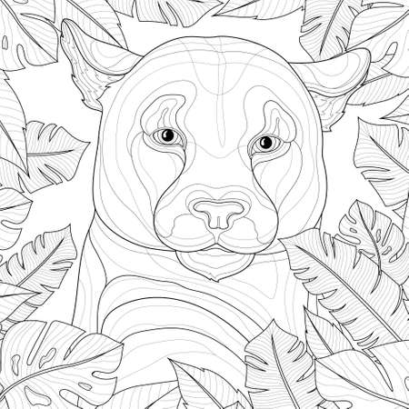 Puma among tropical leaves. Animal.Coloring book antistress for children and adults. Zen-tangle style.Black and white drawingのイラスト素材