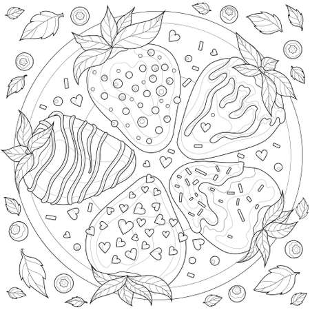 Chocolate covered strawberries. Sweets. Coloring book antistress for children and adults. Illustration isolated on white background. Zen tangle style.のイラスト素材