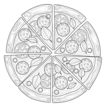 Pizza with sausage, tomato and basil.Food.Coloring book antistress for children and adults. Zen-tangle style.のイラスト素材
