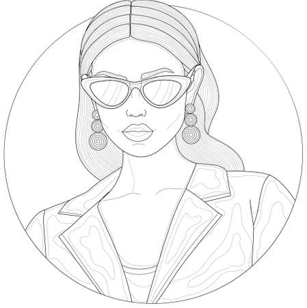 Girl in a jacket and glasses. With earrings in the ears.Coloring book antistress for children and adults. Illustration isolated on white background.Zen-tangle style.のイラスト素材