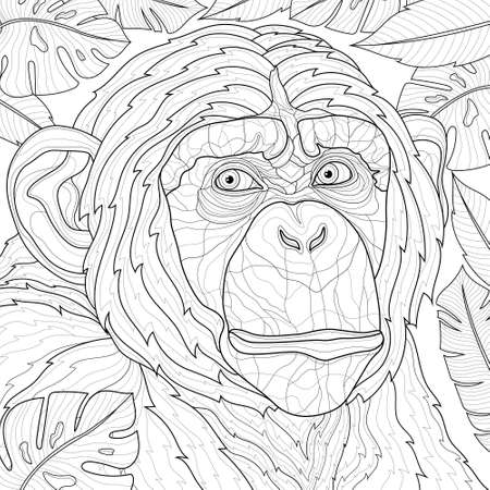 Chimpanzee Tropical Leaves. Animal.Coloring book antistress for children and adults. Zen-tangle style.Black and white drawingのイラスト素材