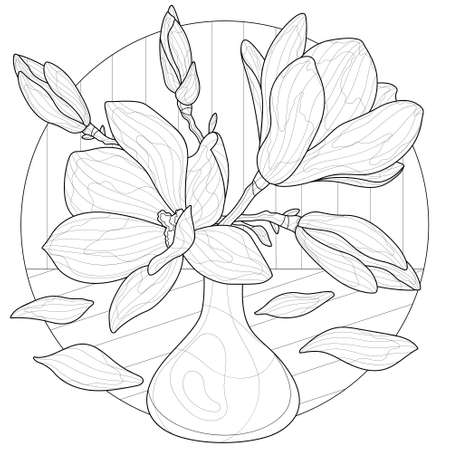 Magnolias in a vase.Coloring book antistress for children and adults. Zen-tangle style.Black and white drawingのイラスト素材