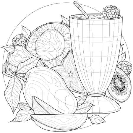 Cocktail with mango, coconut, carom fruit, kiwi and raspberry. Delicious dessert.Coloring book antistress for children and adults. Illustration isolated on white background.Zen-tangle style.のイラスト素材