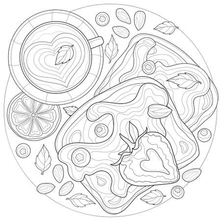 Toast and coffee. Berries, almonds and orange.Sweets.Coloring book antistress for children and adults. Illustration isolated on white background.Zen-tangle style.のイラスト素材