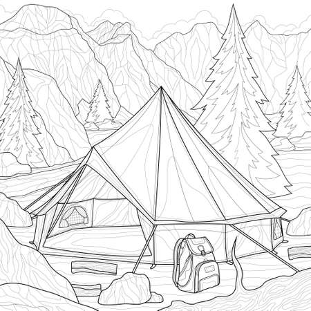 Camping. Tent in the mountains.Landscape.Coloring book antistress for children and adults. Illustration isolated on white background.Black and white drawing.Zen-tangle style.のイラスト素材