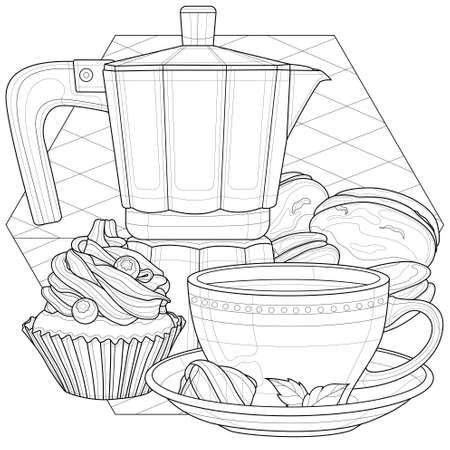 Coffee maker, cup and desserts. Coloring book antistress for children and adults. Illustration isolated on white background.Black and white drawing.Zen-tangle style.のイラスト素材