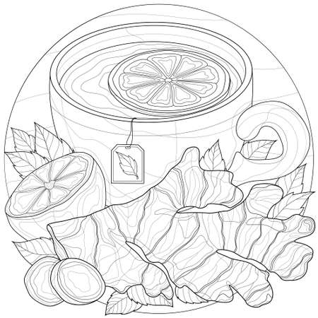 Tea with ginger, lemon and mint. Coloring book antistress for children and adults. Illustration isolated on white background. Black and white drawing.Zen-tangle style.のイラスト素材