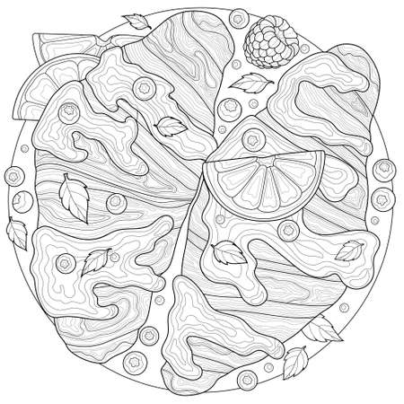 Croissants with blueberries, raspberrie and orange. Sweets. Coloring book antistress for children and adults. Illustration isolated on white background.Zen-tangle style.のイラスト素材