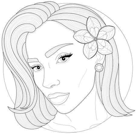 Girl with a flower in her hair.Coloring book antistress for children and adults. Illustration isolated on white background.Black and white drawing.Zen-tangle style.のイラスト素材