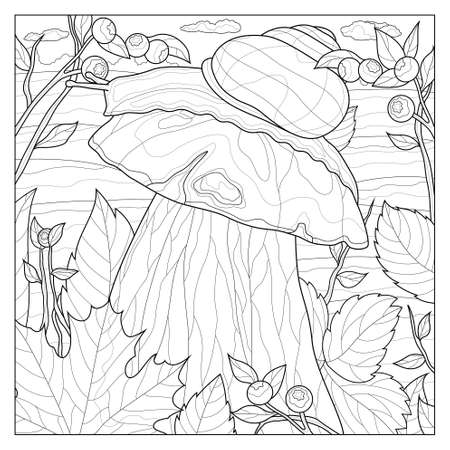 Mushroom with a snail.Coloring book antistress for children and adults. Illustration isolated on white background.Black and white drawing.Zen-tangle style.のイラスト素材