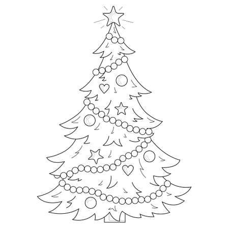 Christmas tree with decorations. Christmas. New Year.Coloring book antistress for children and adults. Illustration isolated on white background.Zen-tangle style.のイラスト素材