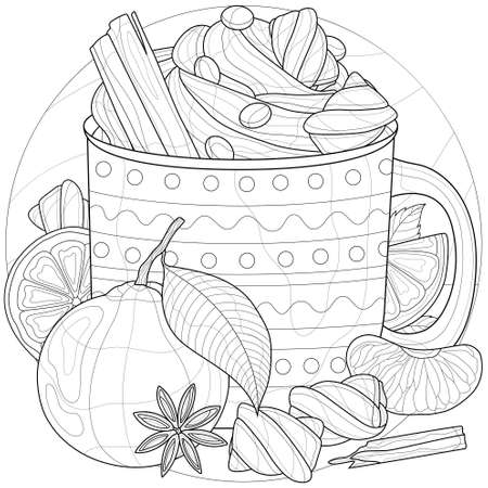Cup of coffee with cream, marshmallows, cinnamon and tangerines.Coloring book antistress for children and adults. Illustration isolated on white background.Black and white drawing.Zen-tangle style.のイラスト素材