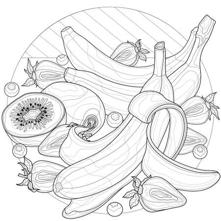 Bananas, kiwi and strawberries. FruitsColoring book antistress for children and adults. Zen-tangle style.Black and white drawingのイラスト素材