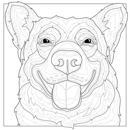 The dog smiles. Corgi.Animal.Coloring book antistress for children and adults. Illustration isolated on white background.Black and white drawing.Zen-tangle style.のイラスト素材