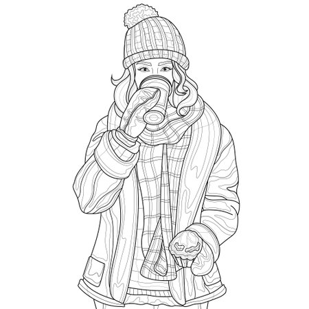 Girl in a hat and jacket drinks coffee.Coloring book antistress for children and adults. Zen-tangle style.Black and white drawingのイラスト素材