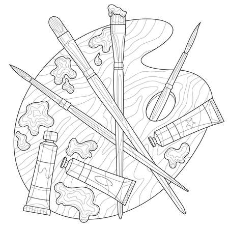 Palette with brushes and paints.Coloring book antistress for children and adults. Illustration isolated on white background.Zen-tangle style. Black and white drawing.Hand drawnのイラスト素材