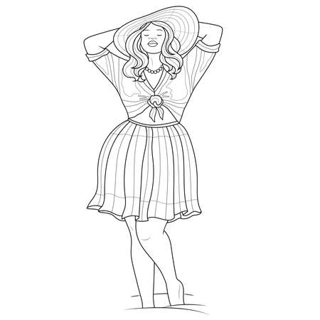 Chubby girl in a hat.Coloring book antistress for children and adults. Illustration isolated on white background.Zen-tangle style. Hand drawのイラスト素材