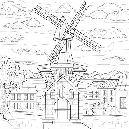 Mill.Coloring book antistress for children and adults. Illustration isolated on white background.Zen-tangle style. Hand drawのイラスト素材